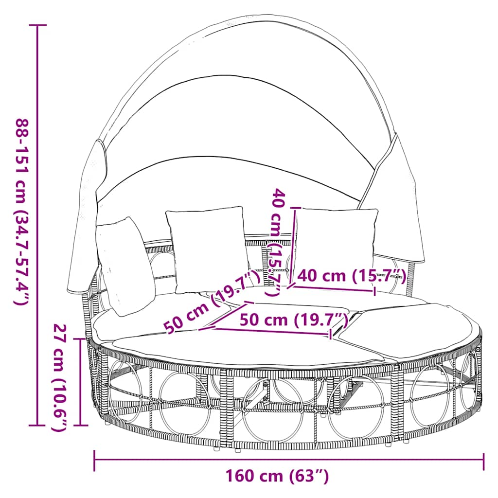 Lit de repos d'extérieur avec auvent et coussins résine tressée