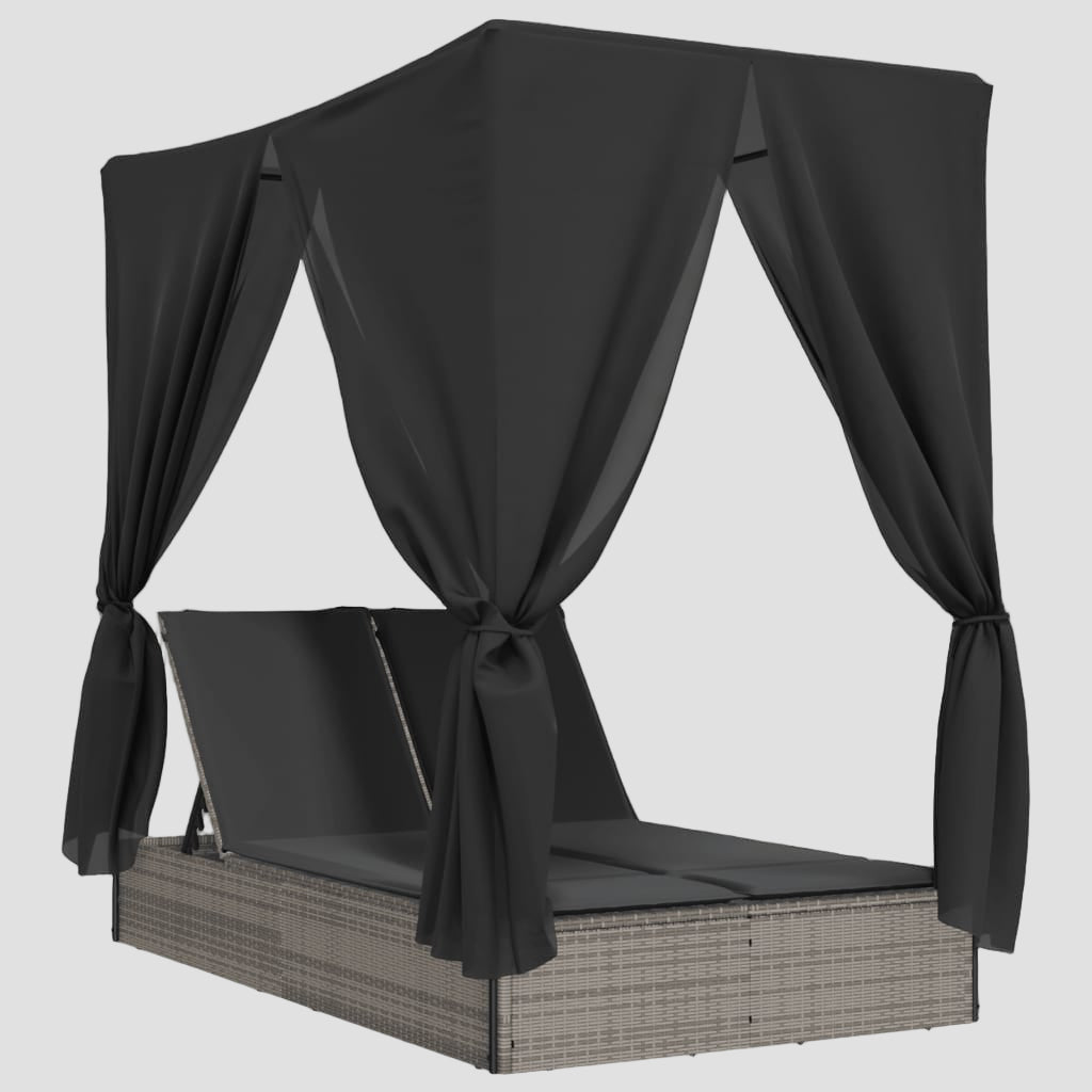 Chaise longue double avec toit et rideaux résine tressée